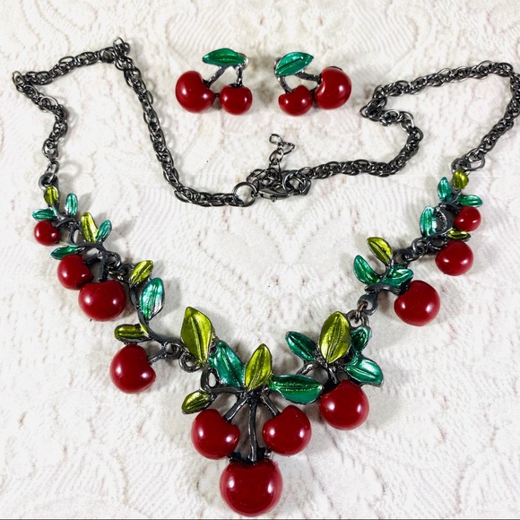 Cherry Bomb necklace earring set enamel pinup rockabilly retro - Picture 4 of 8